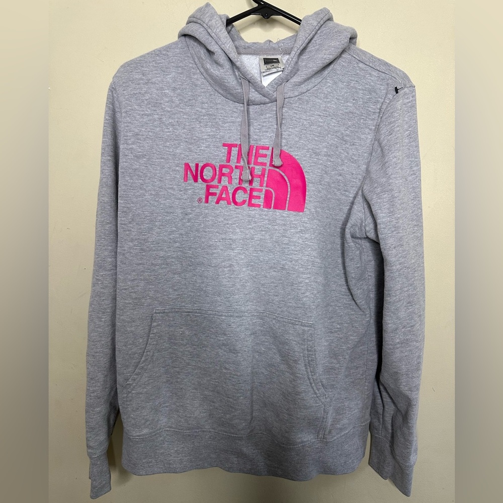 The North Face Gray Hoodie with Pink Logo
